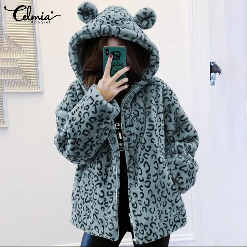 

Plus Size Women Winter Warm Coat Casual Long Sleeve Loose Cute Teddy Hooded Overcoat Celmia Leopard Print Pockets Thick Jackets