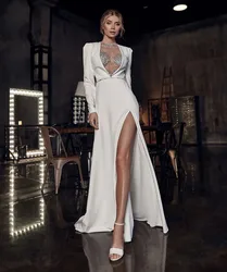 Luxury Beaded Satin Wedding Dresses 2024 Long Sleeves A-Line Backless Side Split Bride Gowns Princess Party Dress Custom Made