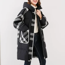 Шерстяное лоскутное пуховое пальто для женщин, длинная куртка, новинка, зимнее Свободное пальто в клетку, Женское пальто, Модное теплое пальто с капюшоном WM121
