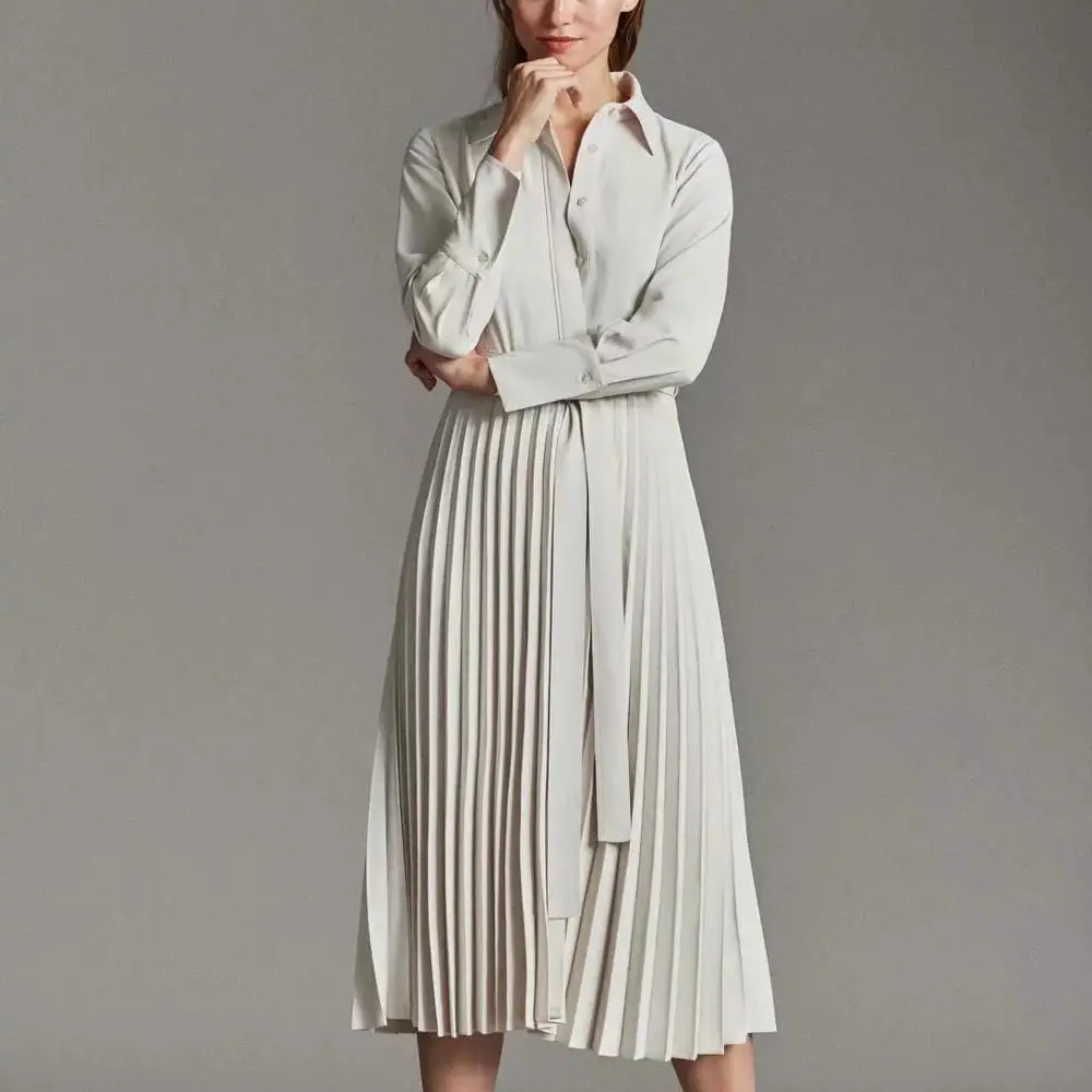 Женское длинное белое платье рубашка модное женское однотонное плиссированное с