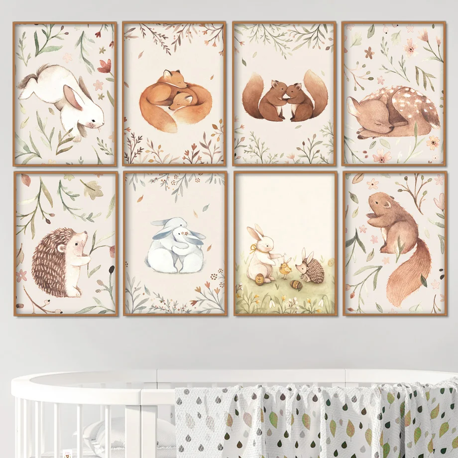 

Rabbit Fox Squirrel Deer Wall Art Painting Canvas Cartoon Nordic Posters And Prints Wall Pictures For Kids Room Art Wall Decor