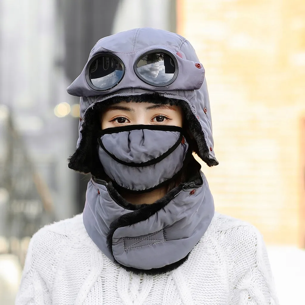 Зимние шапки-бомберы, головные уборы для мужчин и женщин, защита для велосипедных ушей, толстая ветрозащитная шапка, шарф, маска для глаз, набор теплых хлопковых уличных лыжных шапок - Цвет: Gray