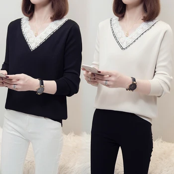 

COIGARSAM 4XL Plus Size Full Sleeve blouse women New Spring Winter Knitting V-Neck blusas womens tops and blouses Black Apricot