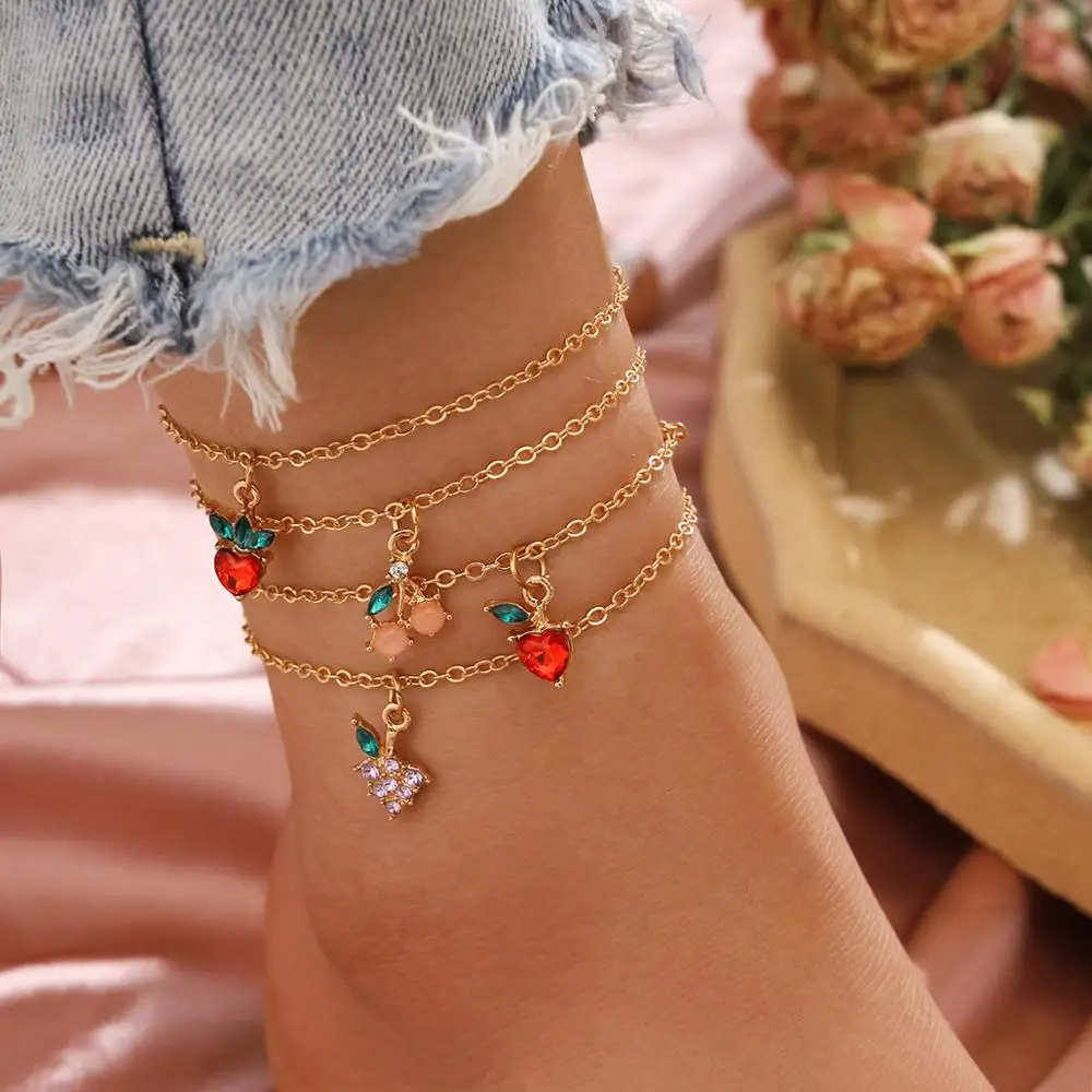 Cute Strawberry Cherry Tassel Ankle Bracelet Multi-Layer Crystal Anklets for Women Beach Leg Foot Bracelets Boho Jewelry Cute Strawberry Cherry Tassel Ankle Bracelet Multi-Layer Crystal Anklets for Women Beach Leg Foot Bracelets Boho Jewelry