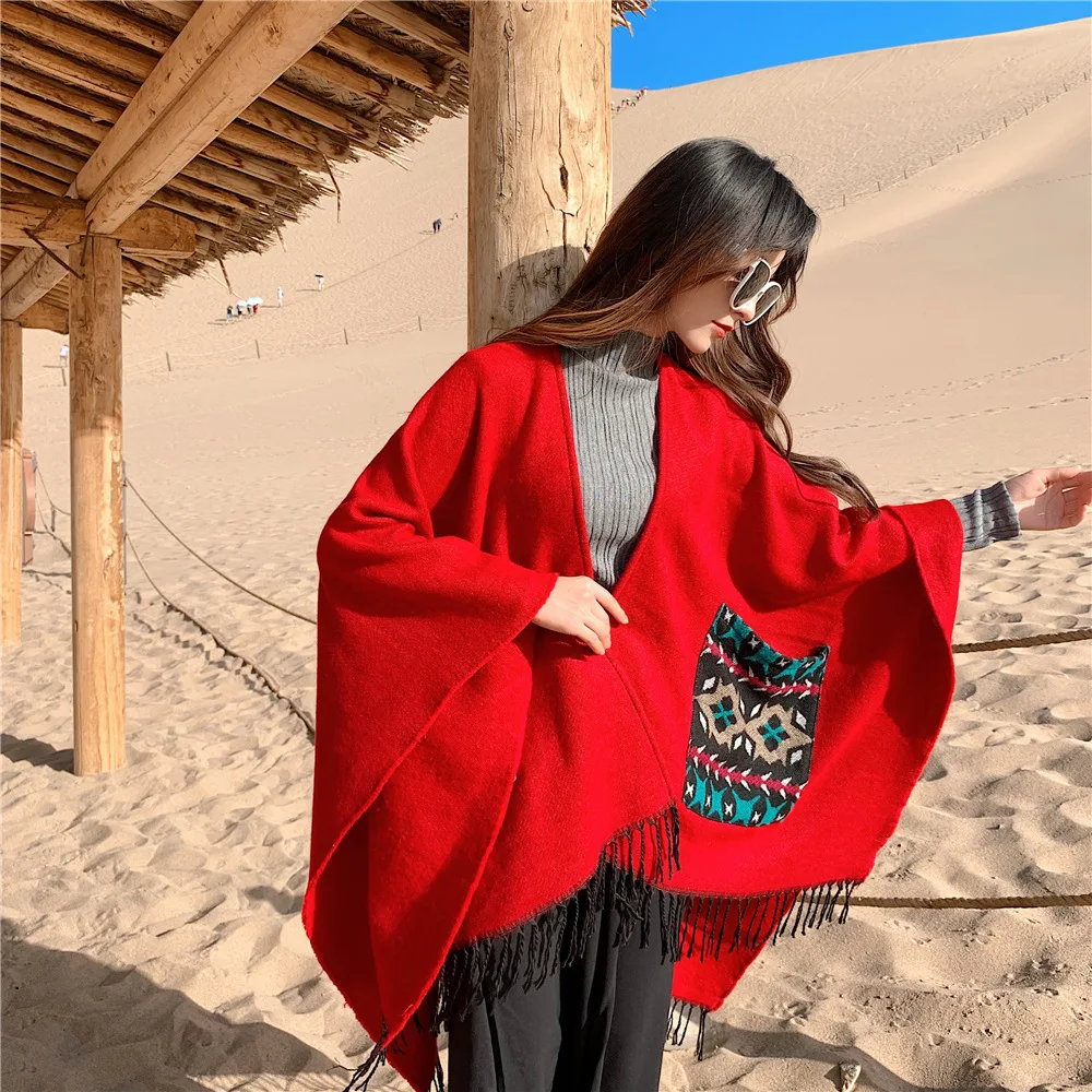 Непал в Тибете теплый кондиционер шарф накидка на осень и зиму - Цвет: Red