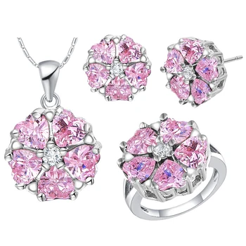 

Romantic Pink Jewelry Set For Women Fashion Crystal Rhinestones Flower Pendant Necklace/Earrings/Ring Cute Women Lover Gift