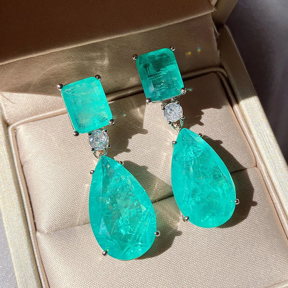 2021 Trend Paraiba Tourmaline Emerald Gemstone Big Drop Earrings for Women Cocktail Party Fine Jewelry Anniversary Female Gift 