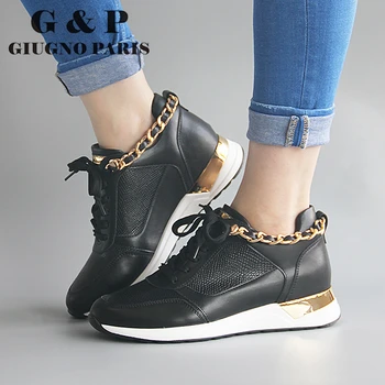 

Chain sneakers fashion shoes brand women hidden heel sneakers platform black gold casual shoes for ladies with leather insole