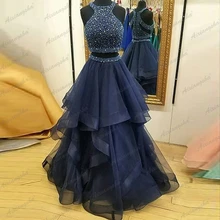

Two Pieces Navy Blue Prom Dresses Pearls Tiered Beading Crystal 8 Grade Graduation Ruffles Tulle Long Prom Gowns