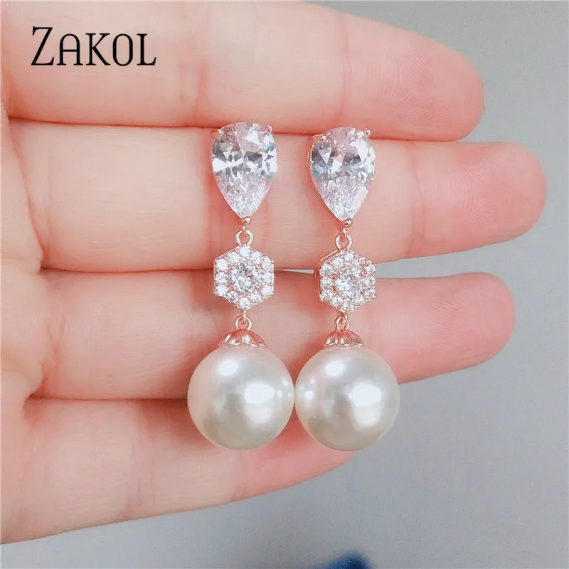 ZAKOL изысканный фианит искусственный жемчуг Простые Модные серьги для женщин свадебный ужин подарок на день рождения ювелирные изделия FSEP2389