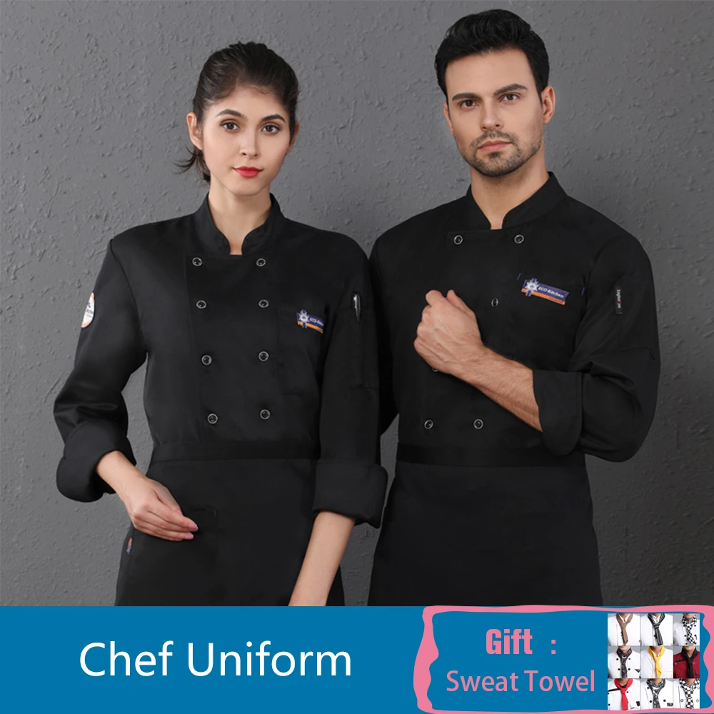Высокое качество вышивка шеф-повара Униформа с длинными рукавами унисекс Отель Ресторан Кухня комбинезоны кафе пекарня Парикмахерская костюм Официанта - Цвет: Black