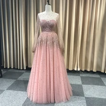 Розовые платья для выпускного вечера с кристаллами и бусинами, прозрачные вечерние платья с длинными рукавами, женские вечерние платья на заказ, реальное изображение