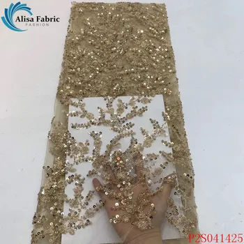 

Alisa african sequins lace fabric 2020 high quality embroidered nigerian tulle fabrics 5 yards/pcs french tulle laces for sewing