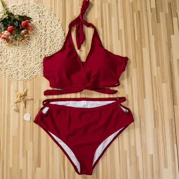 

2020 HOT Selling Women Solid Halter Push-up Padded Bra High Waist Hollow Bandage Bikini Set Swimsuit Triangle Swimwear Bathing