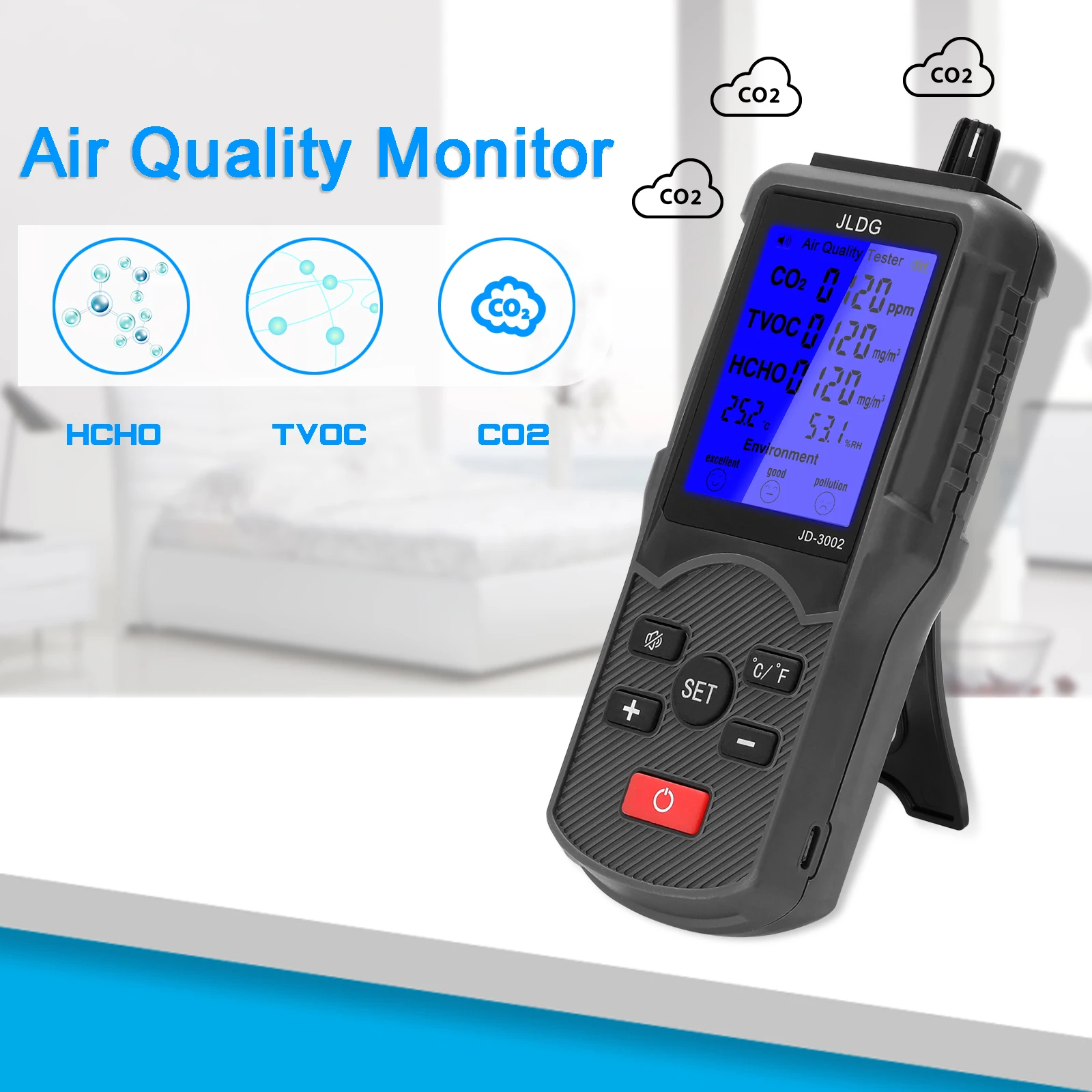 Dijital gaz dedektörü CO2 TVOC HCHO metre hava kalitesi monitör sıcaklık nem ölçüm cihazı hava analizörü LCD ekran