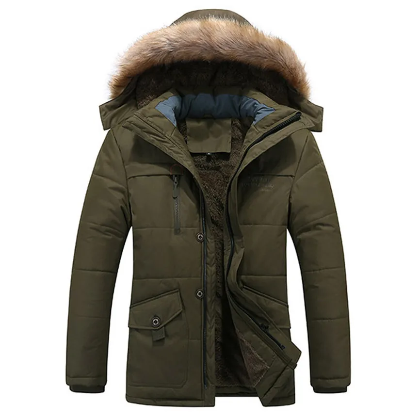 Толстая мужская зимняя куртка средней длины на молнии, утолщенная хлопковая Верхняя одежда со съемным капюшоном, мужские зимние парки - Цвет: Army Green