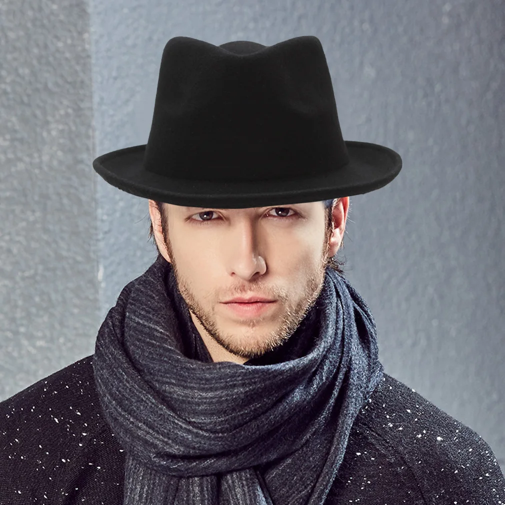 

H7221 Fall Winter Men's Wool Fedoras Hat Male Curled Jazz Fedora Cap Adult European American Black Gentlemen Fashion Party Hats