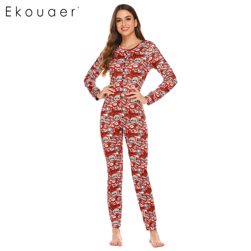 Ekouaer/Пижама-комбинезон для взрослых; женская пижама с длинным рукавом; однотонная тонкая Пижама; мягкая Ночная одежда; Осенняя Повседневная Пижама