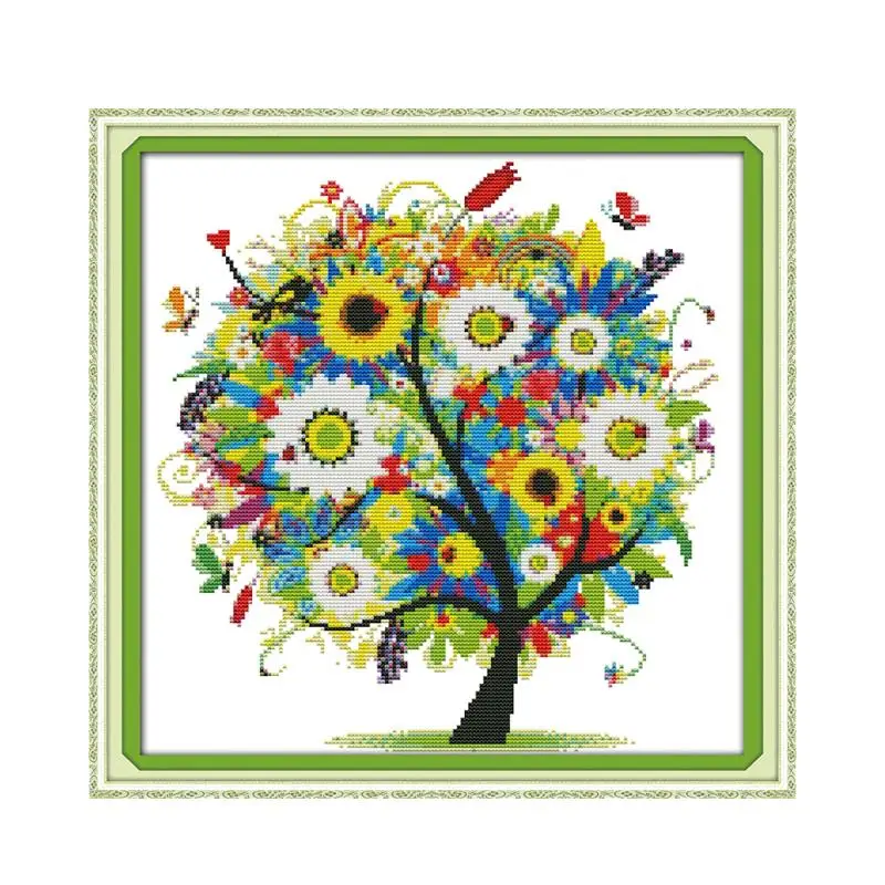 Joy Sunday Happiness tree colorful colors stitch kit 14CT pattern DMC Printed Chinese embroidery needlework Decorations for home