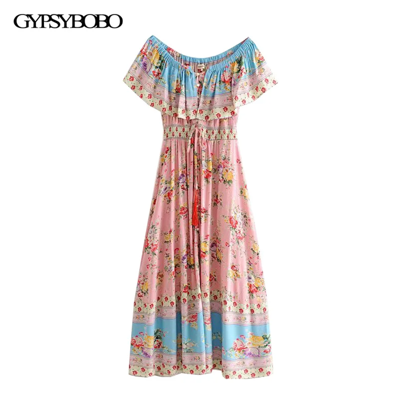 GYPSY Boho шикарное летнее винтажное Цветочное платье с оборками и пуговицами средней длины женское модное платье с вырезом на шнуровке