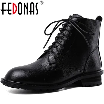 

FEDONAS Vintage Cross Tied Genuine Leather Ladies Boots Side Zipper Round Toe Thick Heels Pumps Winter Basic Party Shoes Woman