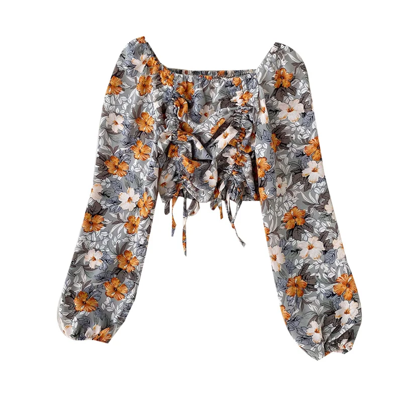 Vintage Square Collar Floral Women Blouse 2021 Summer Puff Sleeved Chiffon Drawstring Short High Waist Sexy Female Pulls Tops