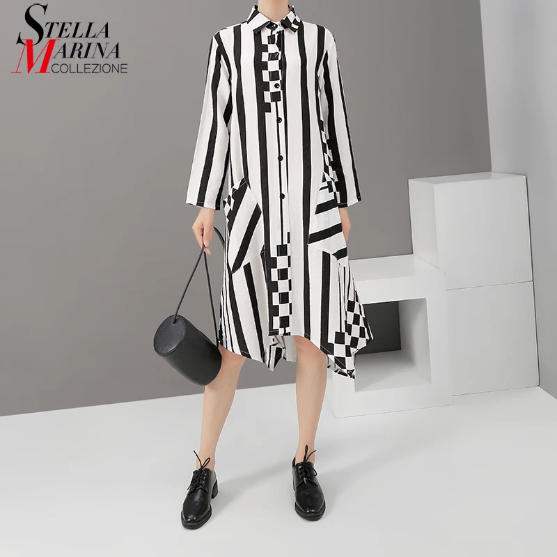 Новое Женское модное белое Полосатое платье рубашка 2020 с длинным рукавом и