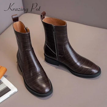 

Krazing Pot korean street leisure genuine leather stone pattern round toe med heel zipper pretty girls dating ankle boots L38