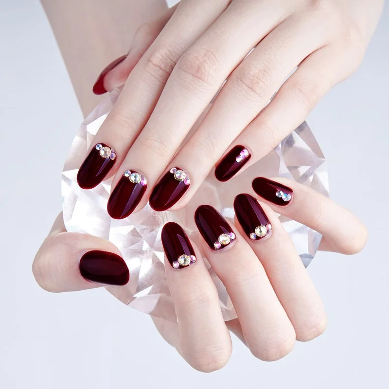 24PCS Short Size Full Cover Nail Art Tips With Glue Bride Wedding Wine Red Glitter Decoration False Nails Fashion Fake Nails New
