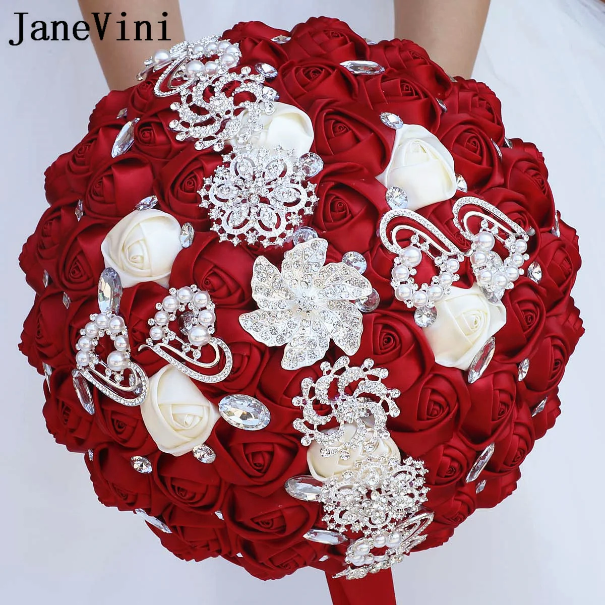 

JaneVini 30cm Big Crystal Wedding Bouquet Burgundy Bridal Large Bouquet Rose Fleur Artificielle Beaded Satin Flower Bouquet 2021