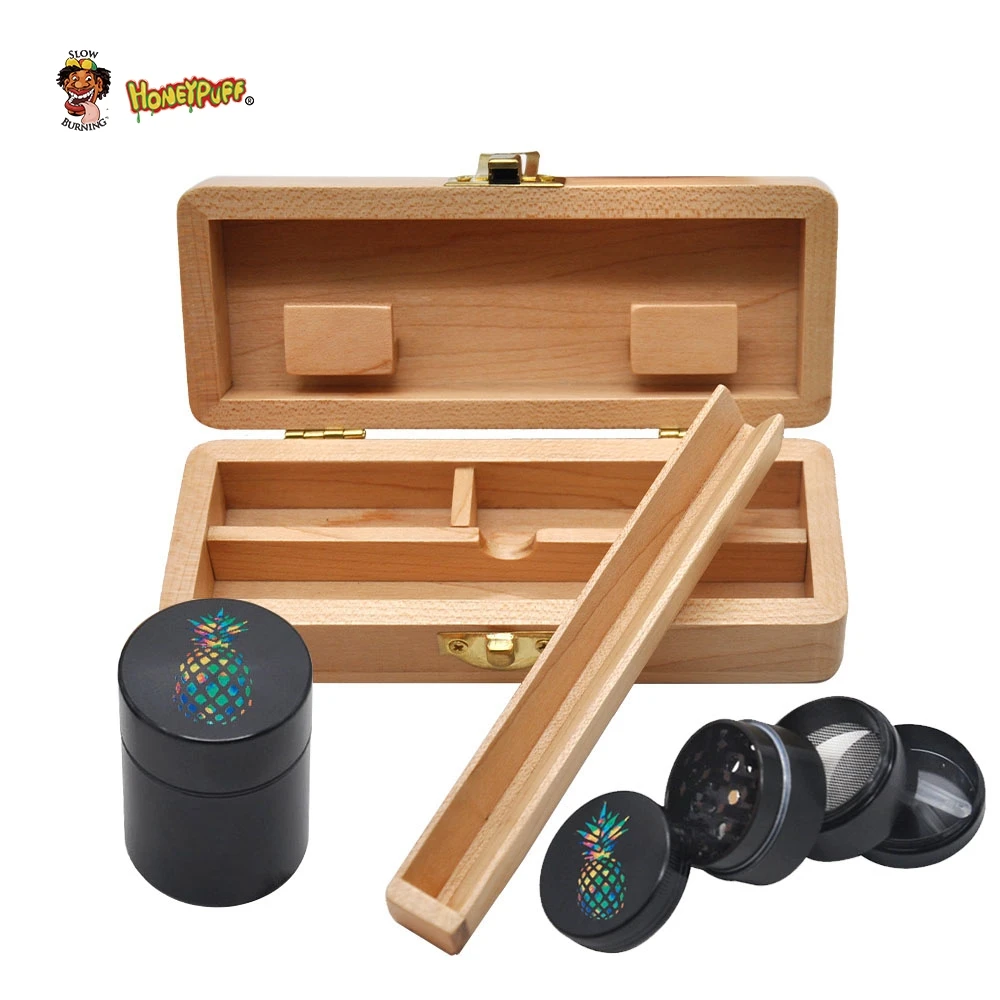 Wooden Tobacco Herb Storage Box Stash Box Case with Cigarette Rolling