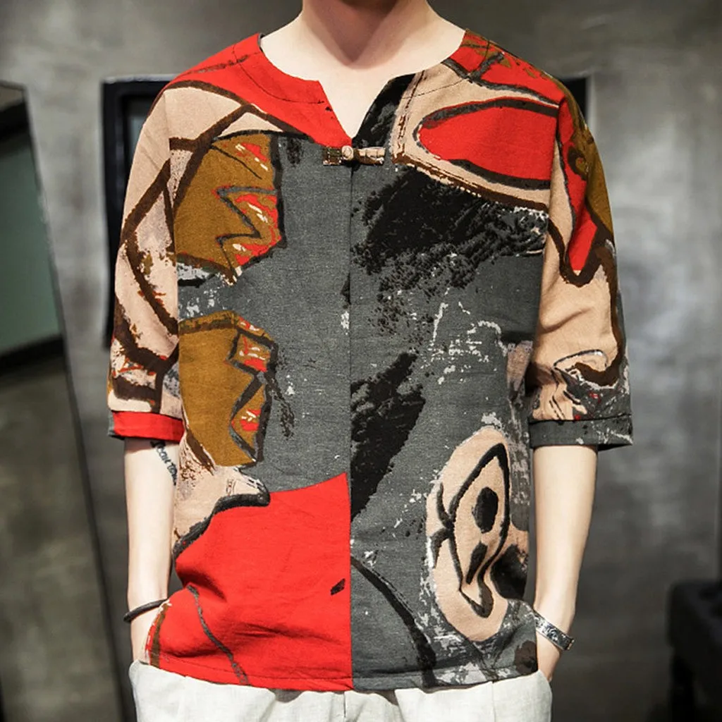 Vogue Мужская рубашка s Camisa Masculina, мужская рубашка в этническом стиле, галстук-бабочка, короткий рукав, Повседневная хлопковая льняная рубашка с принтом, Мужская блузка