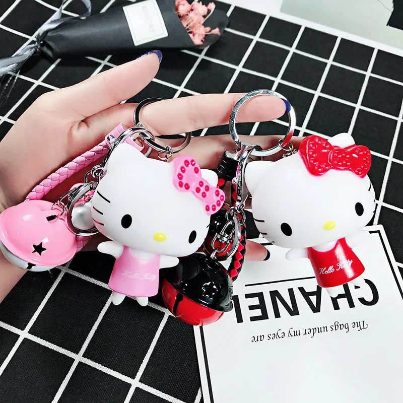 

Korean Version of The Cute Cartoon Hello Kitty Key Chain Fashion Bell Leather Rope Women's Bag Car Pendant Jewelry Men's Gift