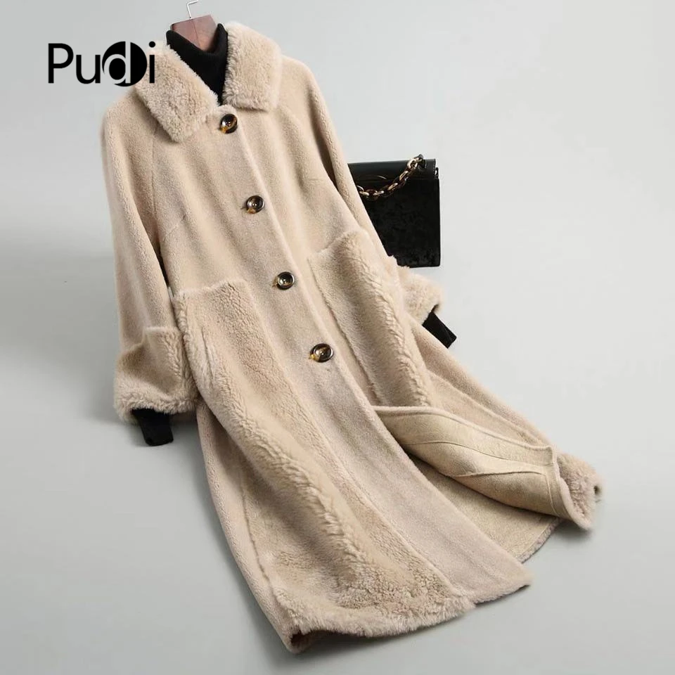 

PUDI A18212 women winter real wool shearing lapel overcoat warm jacket girl coat lady Long jacket overcoat