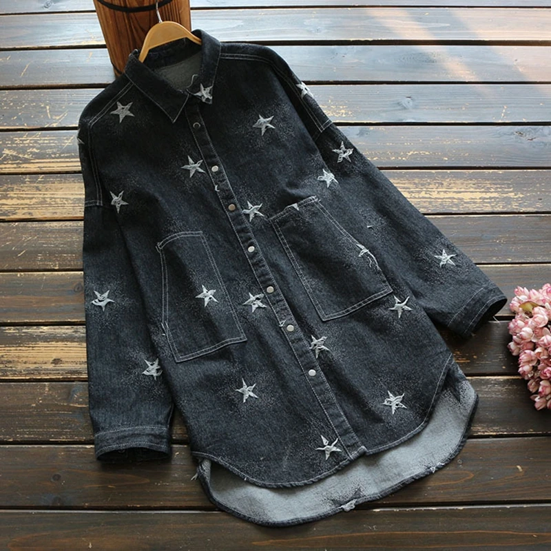 Blusas Femininas, осенние женские блузки, рубашки Mori Girl, свободный воротник, длинный рукав, Джинсовая блузка с вышивкой, топы - Цвет: Черный
