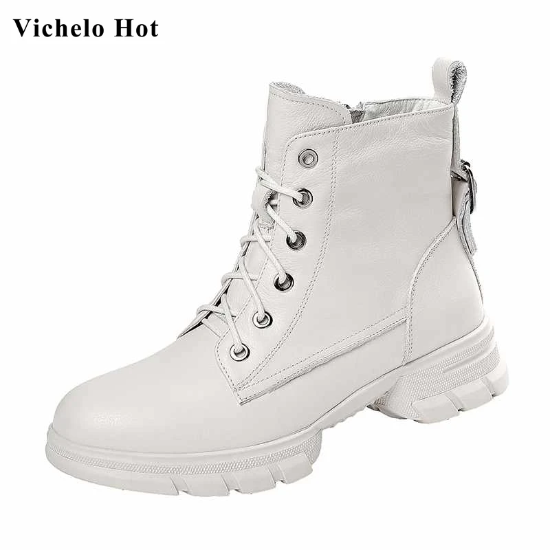 

Vichelo Hot genuine leather European style casual lace up side zip med heels round toe winter fashion keep warm ankle boots L3f1