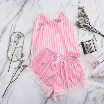 

Silk Pajamas For Women Ladies Sexy Satin Lingerie Lace Shorts Set Nightgown Sleeveless Nighty Sets Lingerie Pajama S-XXL 2063