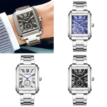 

Luxury Rectangle Men Watch Waterproof Calendar Roman Numeral Quartz Watches Top Brand Stainless Steel Strap Sport Wrist Watch