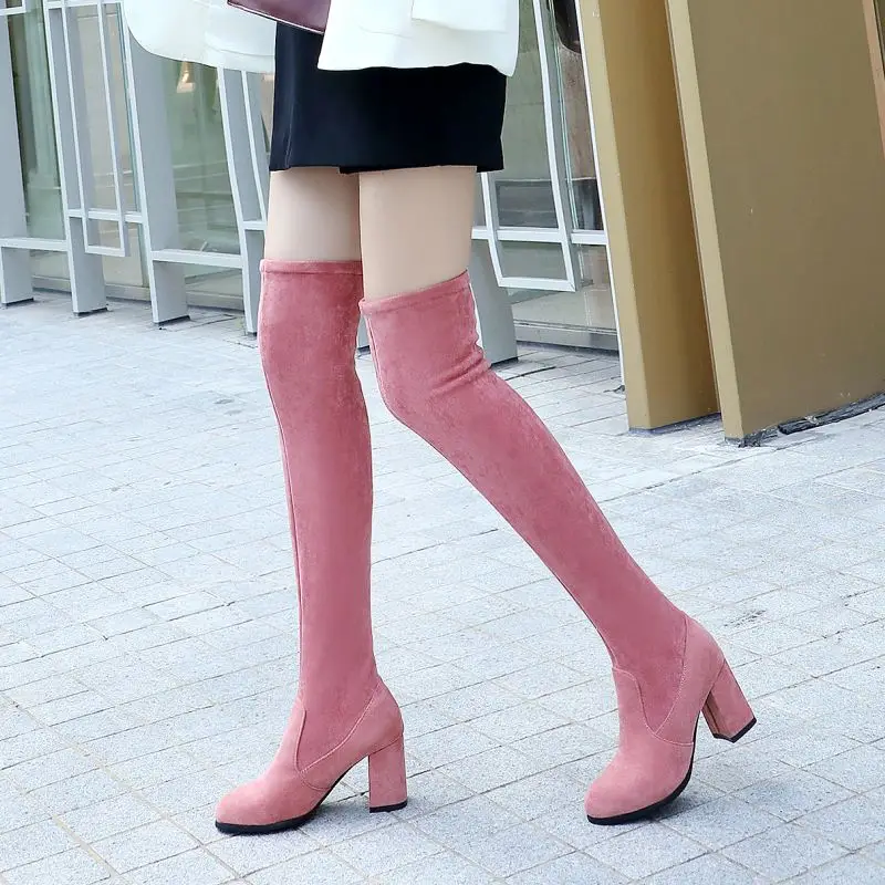 KemeKiss/Большие размеры 34-47, высокие сапоги до бедра женская розовая обувь с гибкой подошвой, женские удобные ботфорты с острым носком на квадратном каблуке