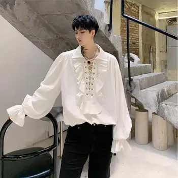 

SHENGYUJIN Autumn new dark line Gothic retro ruffled drawstring design men's long-sleeved shirt youth men and women shirt