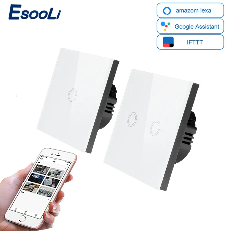 

EsooLi Smart Home 1/2/4 Gang 1 way Wireless WiFi EU Standard Touch Switch Wall Light Switch,White Luxury Crystal Glass