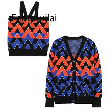 

FENGGUILAI 2020 Blue Early Autumn New Wave Pattern Bright Silk Camisole + V-neck Loose Long-sleeved Knit Cardigan Two-piece