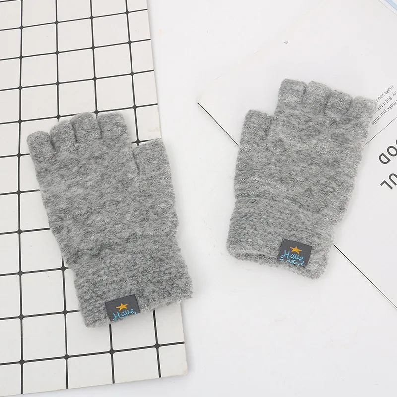 

Men Winter Acrylic Wool Plus Plush Thick Jacquard Stretch Knit Warm Half Finger Mittens Sports Touch Screen Cycling Gloves C86