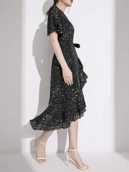 

2020 Summer New European and American Fashion Temperament Waist Slimming Short-Sleeved V-neck Long Floral Chiffon Dress