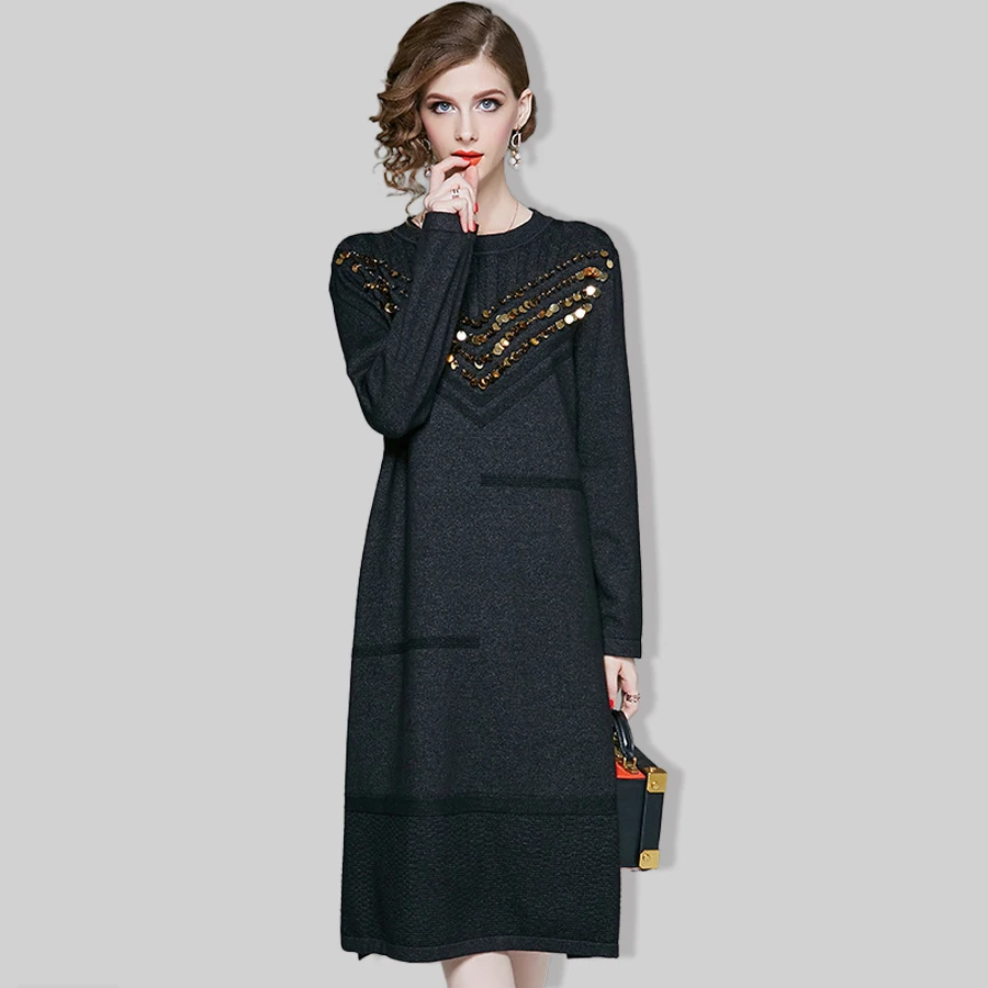 VERDEJULIAY Runway Women Knitted Dress Luxury Autumn Winter High Quality Full Sleeve Sequined Loose Long Dress Vestidos