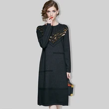 VERDEJULIAY Runway Women Knitted Dress Luxury Autumn Winter High Quality Full Sleeve Sequined Loose Long Dress Vestidos