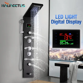 

LED Light Shower Panel Column Panel Rain&Waterfall Shower Head Wall Mounted 4 Function Waterfall Rain Set Temperature Screen