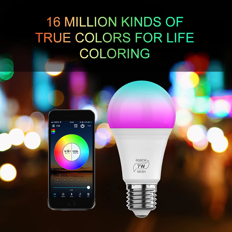 7 Вт E27 СВЕТОДИОДНЫЙ многоцветный RGB теплый и холодный умный лампочка лампа для мобильного телефона Голосовое управление WiFi Светодиодный прожектор для Alexa Google Home
