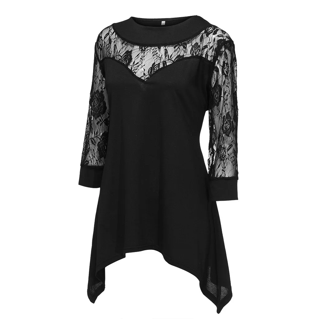 TELOTUNY Plus Size Fashion Women Lace Shoulder Three Quarter Sleeve O-Neck Tee Tops Ladies Shirt Casual Autumn Female Blouse 809