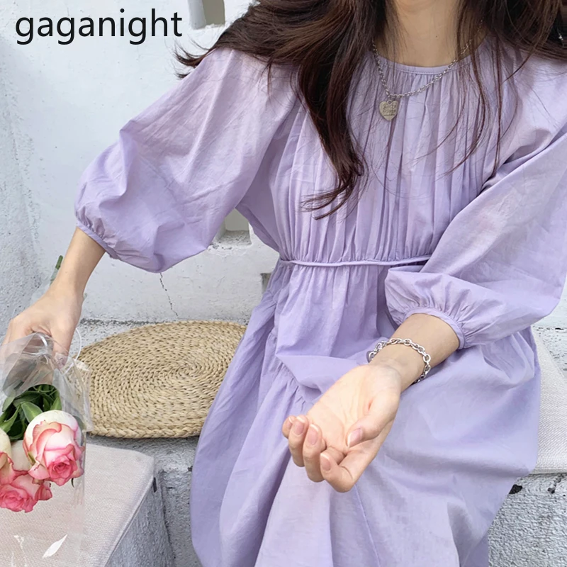 Gaganight Women Purple Dress Chic Lantern Sleeve O Neck Ruched Loose Long Vestido Summer Lady Short Gentle Soft Dresses | Женская одежда